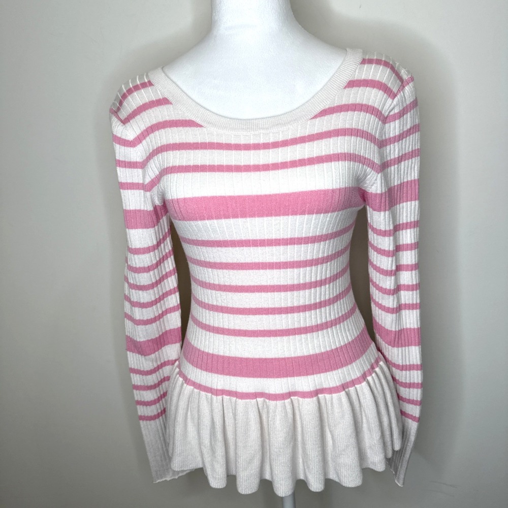 Anthropologie Maeve Ribbed Ruffle Long Sleeve Top Women M Pink Stripe Balletcore